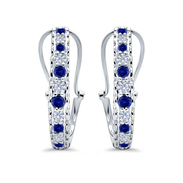 Half Eternity Huggie Hoop Earrings Round Simulated Blue Sapphire CZ 925 Sterling Silver (18mm)